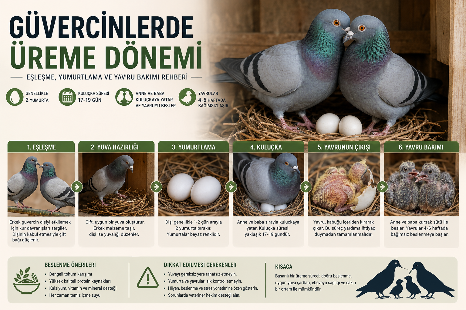 Güvercinlerde üreme dönemi, yumurtlama, kuluçka ve yavru bakımını gösteren görsel