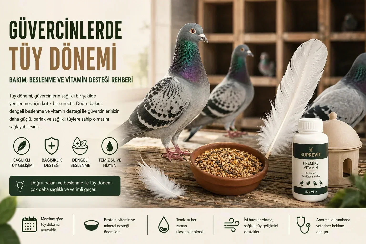 Güvercinlerde Tüy Dönemi: Bakım, Beslenme ve Vitamin Desteği Rehberi